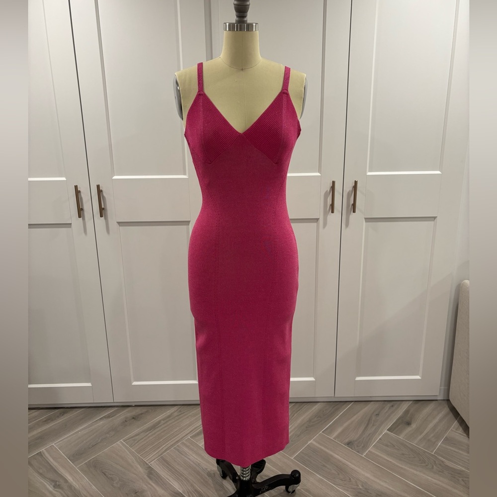 STAUD metallic hot pink knit dress